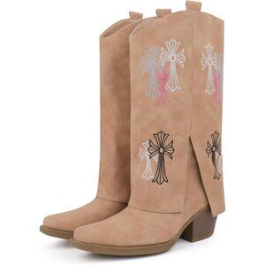 Women's Synthetic Brown Western Cowgirl Chunky Heel Mid Calf Embroidered  Boots
